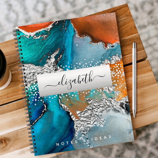 Carnet Aquarelle agate argent turquoise orange écriture (Créateur téléchargé)