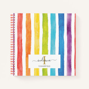 Carnet Aquarelle Arc-en-ciel Rayures Monogramme Nom du sc