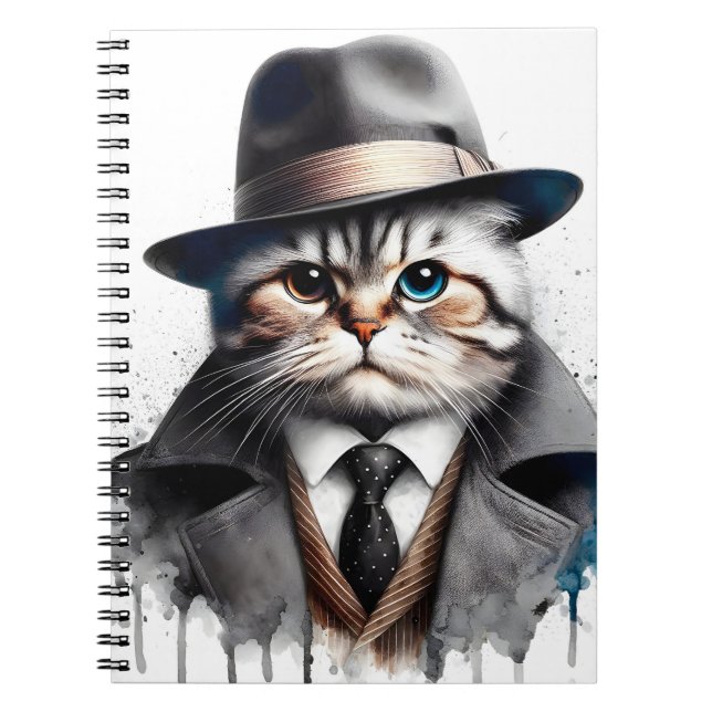 Carnet Aquarelle Art Chat en costume Cravate Veste Casque (Devant)