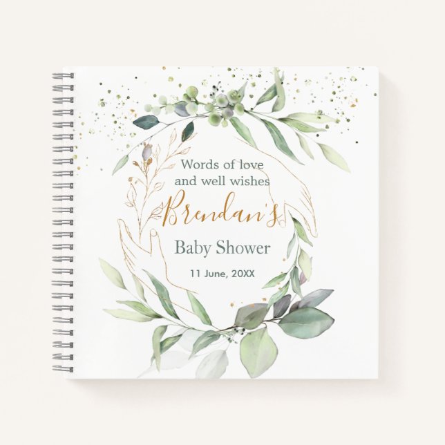 Carnet Aquarelle Baby shower de feuillage vert (Devant)
