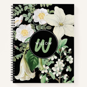 Carnet Aquarelle Blanc Fleur sauvage Sage Vert Monogramme