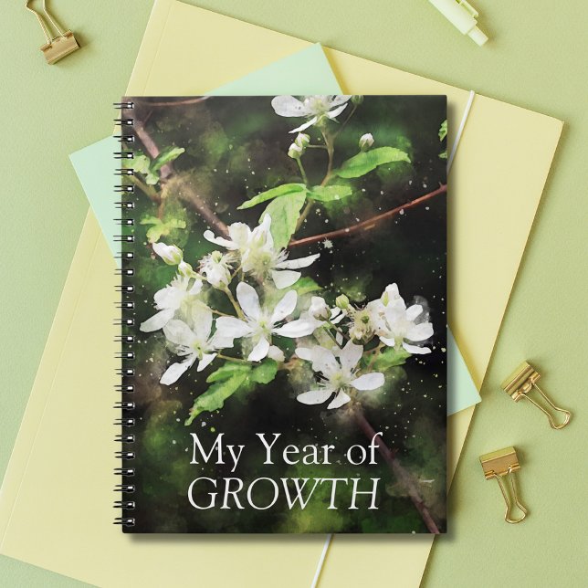 Carnet Aquarelle blanche simple (Journal with beautiful white flowers on a vibrant green background and the words "My Year of Growth")
