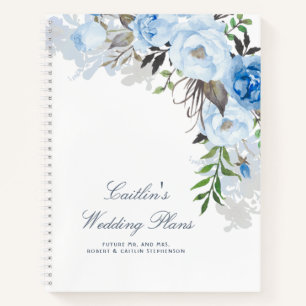 Carnet Aquarelle bleu Dusty Fleurs de mariage élégant pla