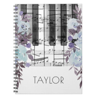 Carnet aquarelle bleu fleurs musique piano