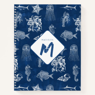 Carnet Aquarelle bleu marine Océan Animaux marins Monogra