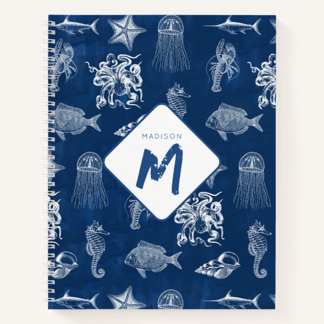 Carnet Aquarelle bleu marine Océan Animaux marins Monogra (Devant)