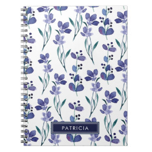 Carnet Aquarelle bleu motif floral personnalisé
