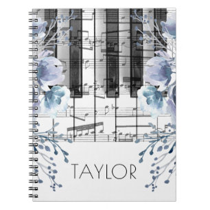 Carnet aquarelle bleu poussiéreux fleurs musique piano