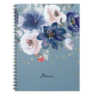 Carnet Aquarelle bleu rose doux Fleur Son personnel