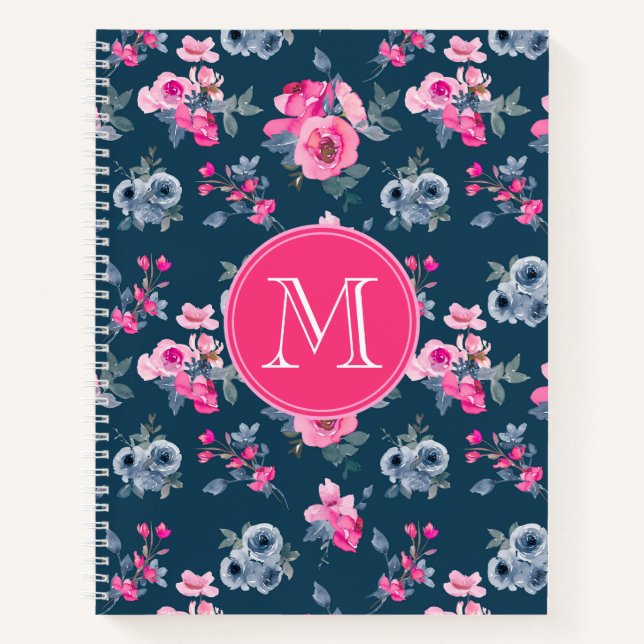 Carnet Aquarelle Bleu rose Floral Monogramme (Devant)