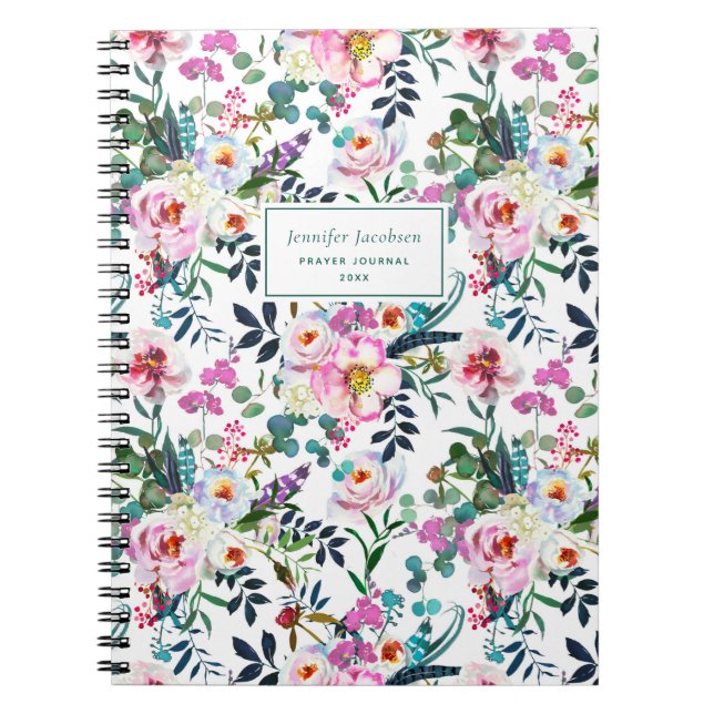 Carnet Aquarelle bleu rose vert Floral Nom Prière (Devant)