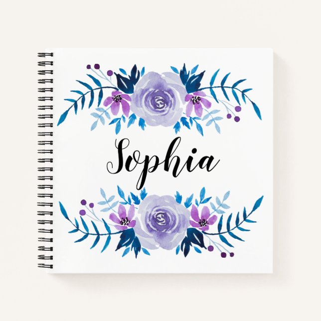 Carnet Aquarelle bleu violet couronne florale Texte perso (Devant)
