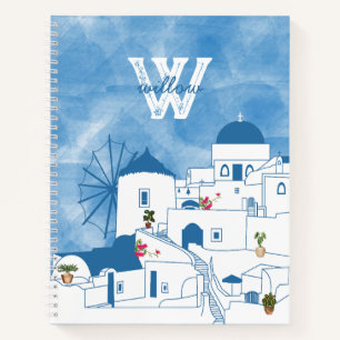 Carnet Aquarelle bleue et blanche Santorin Grèce Monogram