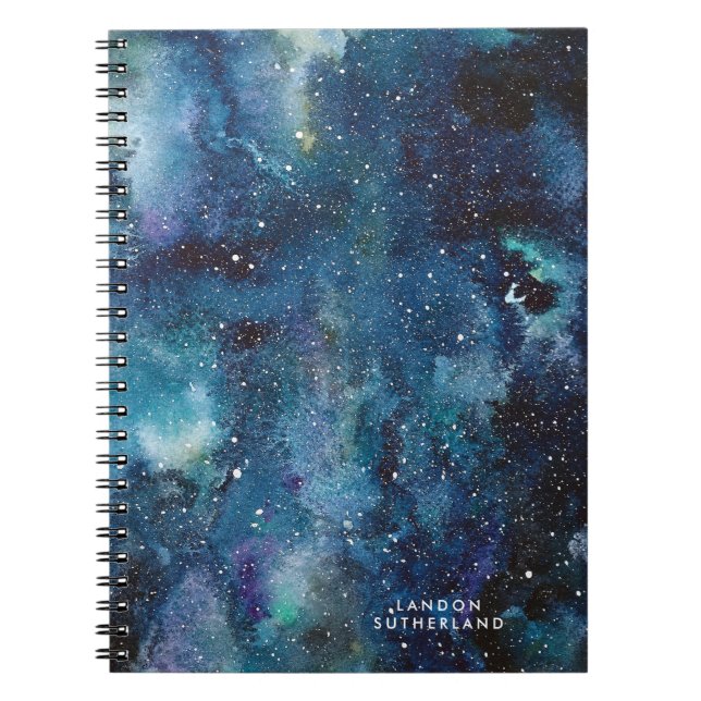Carnet Aquarelle bleue Galaxy Space Stars Nom (Devant)