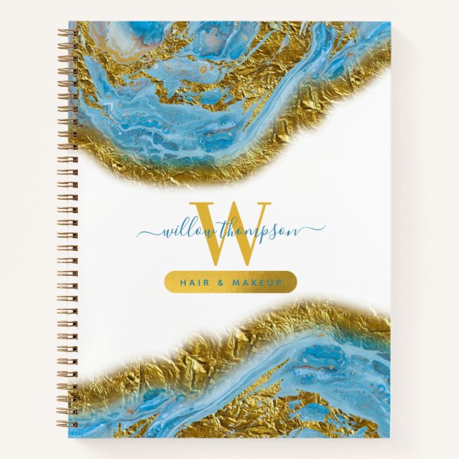 Carnet Aquarelle bleue Marbre et huile d'or Cheveux et ma (Devant)