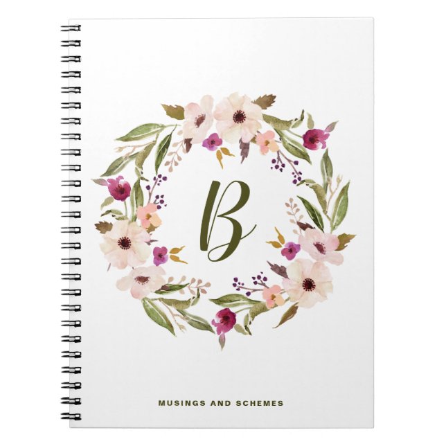 Carnet Aquarelle Bohème Floral Wreath Monogramme (Devant)