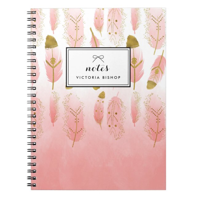 Carnet Aquarelle Boho Blush Pink Feathers Ombre Personnal (Devant)