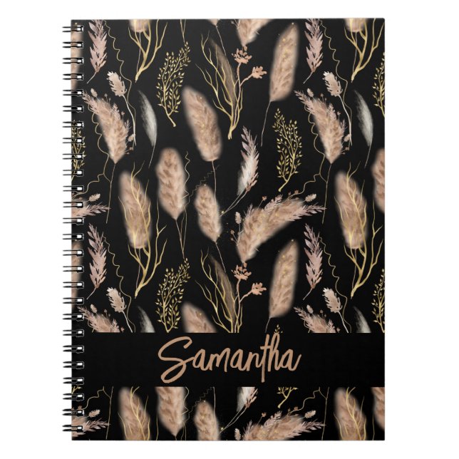 Carnet Aquarelle Boho Chic Pampas Grass Motif Noir (Devant)