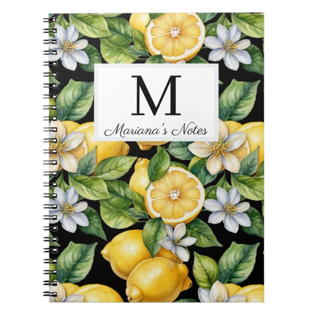 Carnet aquarelle citrons & fleurs monogramme personnalisé (Devant)