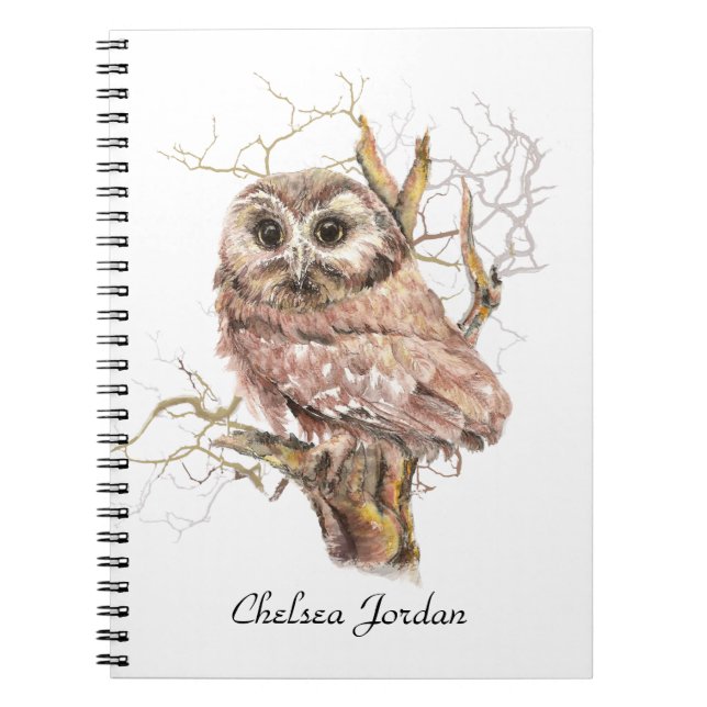 Carnet Aquarelle Cute Saw Whet Owl Bird Nom personnalisé (Devant)