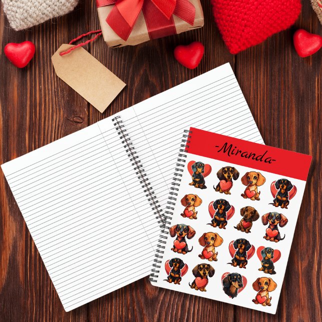 Carnet Aquarelle Dachshund Valentine avec Coeur Rouge (Watercolor Dachshund Valentine with Red Heart Notebook)