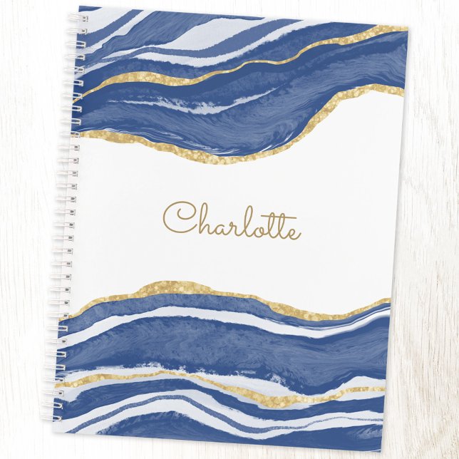 Carnet Aquarelle de Parties scintillant d'or Agate bleu p (Personalized navy blue, gold and white agate notebook with choice of cover and interior)