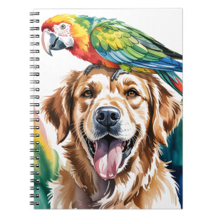 Carnet Aquarelle de perroquet ara et de golden retriever