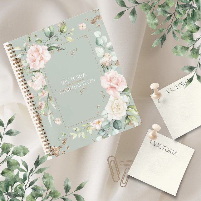 Carnet Aquarelle dorée Sage Green Floral Personnalisé (Créateur téléchargé)