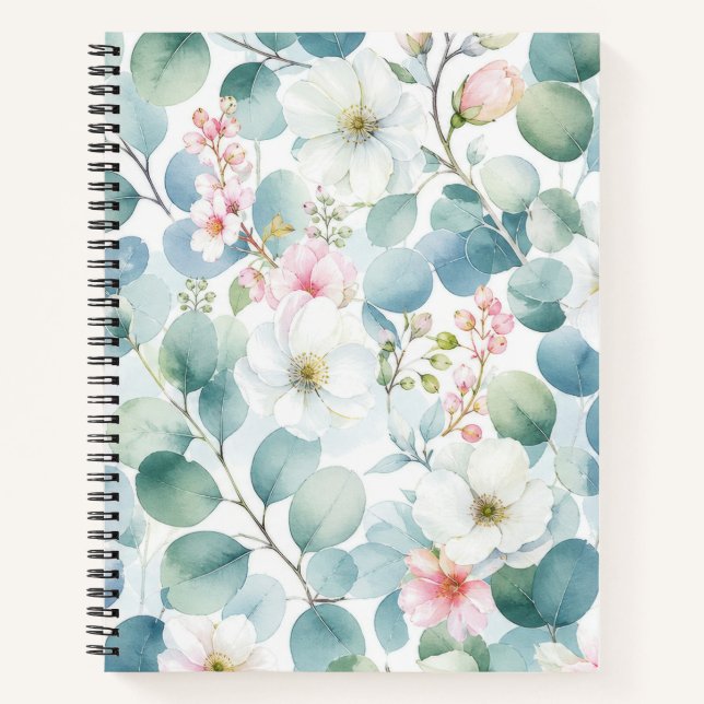 Carnet Aquarelle Douce Eucalyptus et Fleur Rose (Devant)
