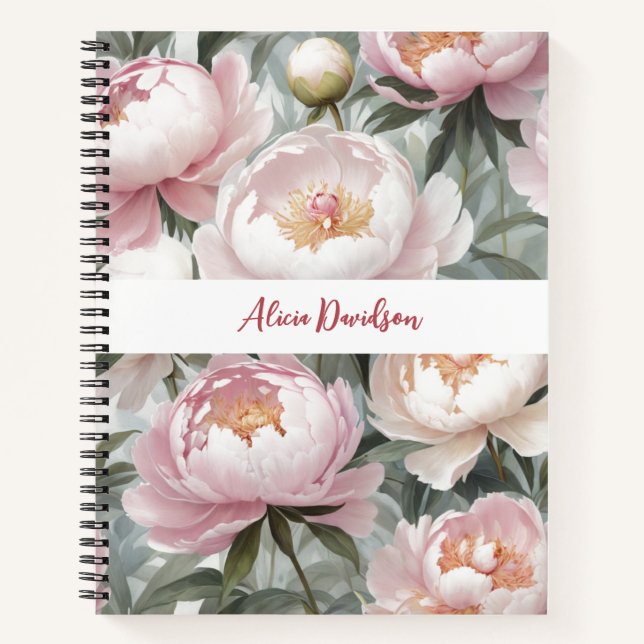 Carnet Aquarelle douce Peonies roses | votre nom (Devant)