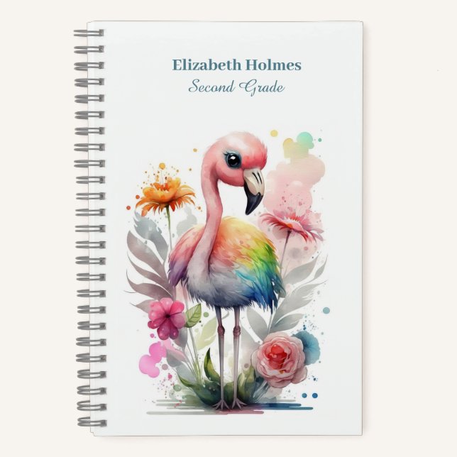 Carnet Aquarelle Flamant rose mou avec fleurs (Recto)