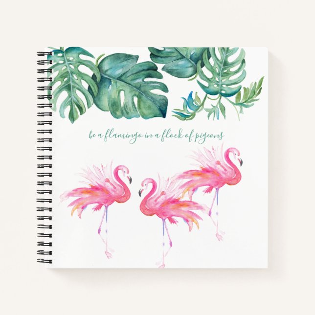 Carnet Aquarelle Flamant rose rose Monstera Vert (Devant)