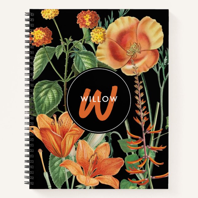 Carnet Aquarelle Fleur sauvage noir orange monogramme (Devant)