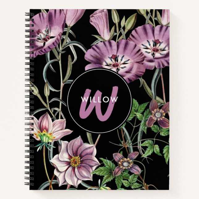 Carnet Aquarelle Fleur sauvage noir violet monogramme (Devant)