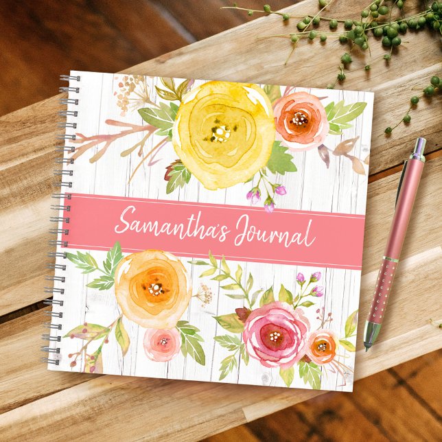Carnet Aquarelle fleurie jaune bois rustique carré person (Créateur téléchargé)