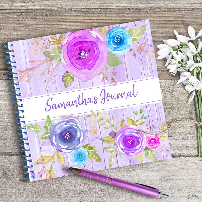 Carnet Aquarelle fleurie violet bois rustique carré perso (Créateur téléchargé)