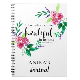 Carnet aquarelle fleurs bible verse personnalisé chic