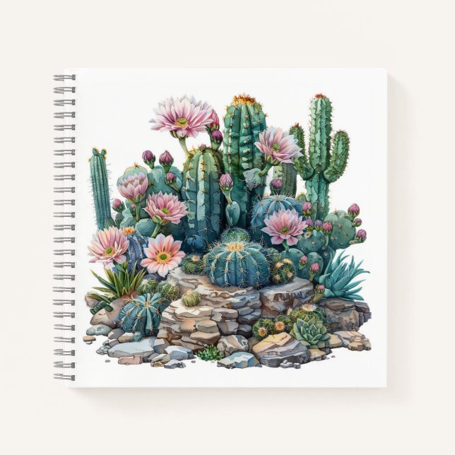 Carnet Aquarelle fleurs du désert cactus. (Devant)