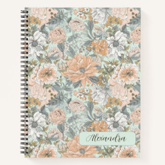 Carnet Aquarelle Fleurs Légèrement Abricot sur Fond Menth