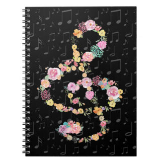 Carnet aquarelle fleurs musique treize clef sur noir