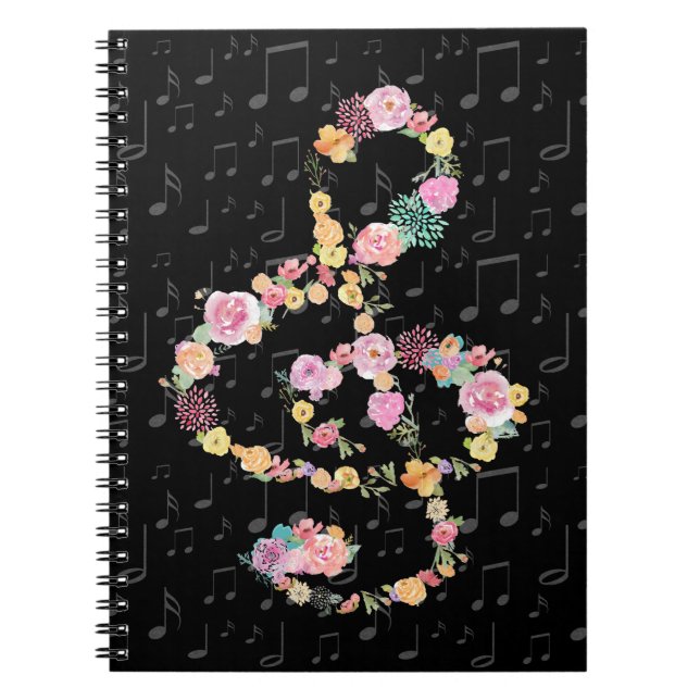 Carnet aquarelle fleurs musique treize clef sur noir (Devant)