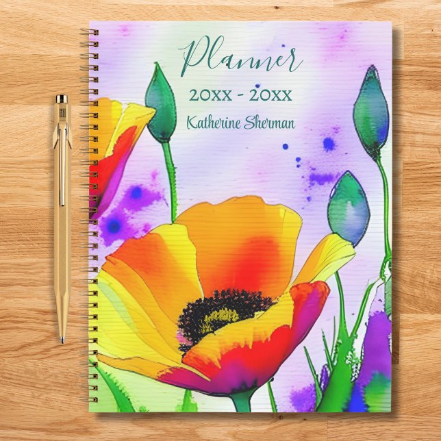 Carnet Aquarelle Fleurs Pavots de Californie Personnalisé (Watercolor floral planner with California poppies on a purple background. Personalize with name/date)