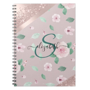Carnet Aquarelle Fleurs Rose or Monogramme