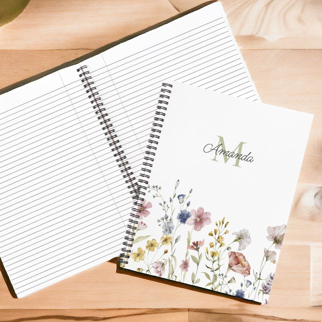 Carnet Aquarelle Fleurs sauvages Boho élégant avec Monogr (Créateur téléchargé)