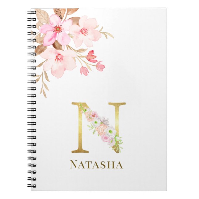 Carnet Aquarelle Floral & Lettre Or E Monogramme (Devant)