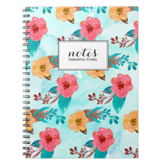 Carnet Aquarelle Floral Motif Aqua bleu et rose