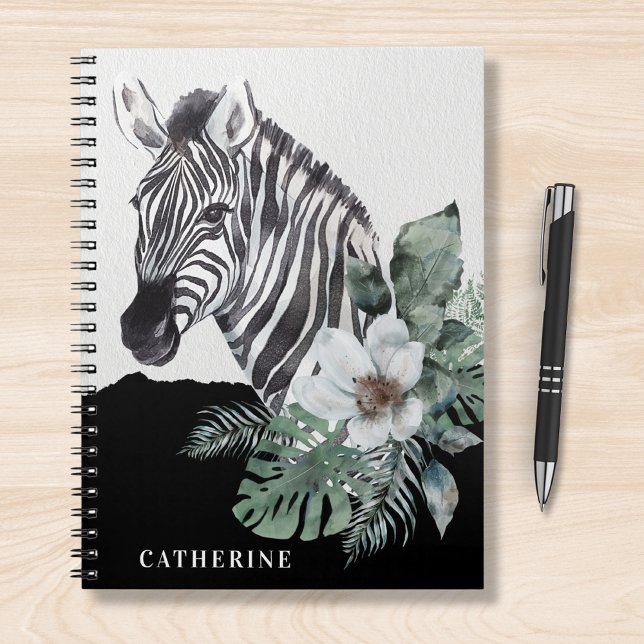 Carnet Aquarelle Floral Wild Zebra Nom personnalisé (Créateur téléchargé)