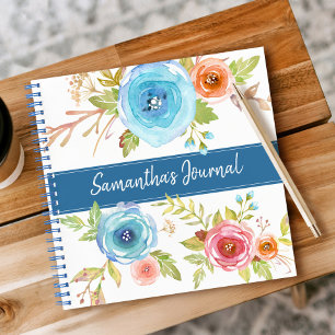 Carnet Aquarelle florale bleu nom de script personnalisé