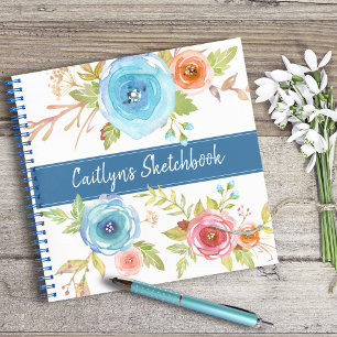 Carnet Aquarelle florale bleu sketchbook nom chic