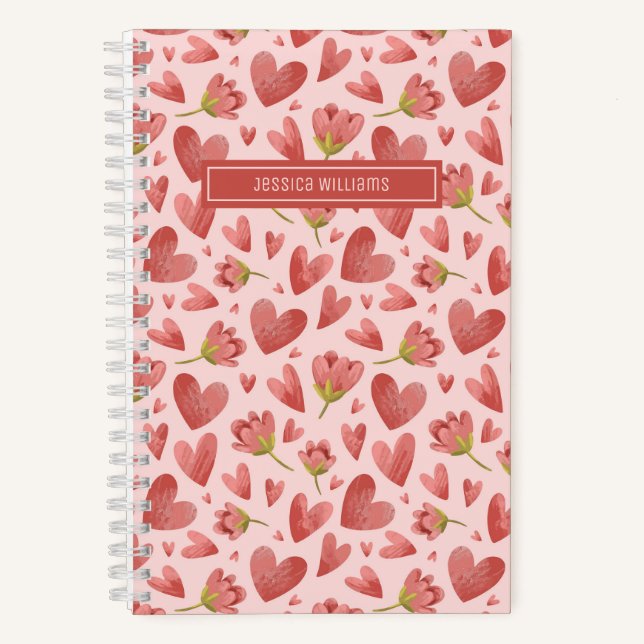 Carnet Aquarelle Florale motif Fleur rouge et coeur (Recto)